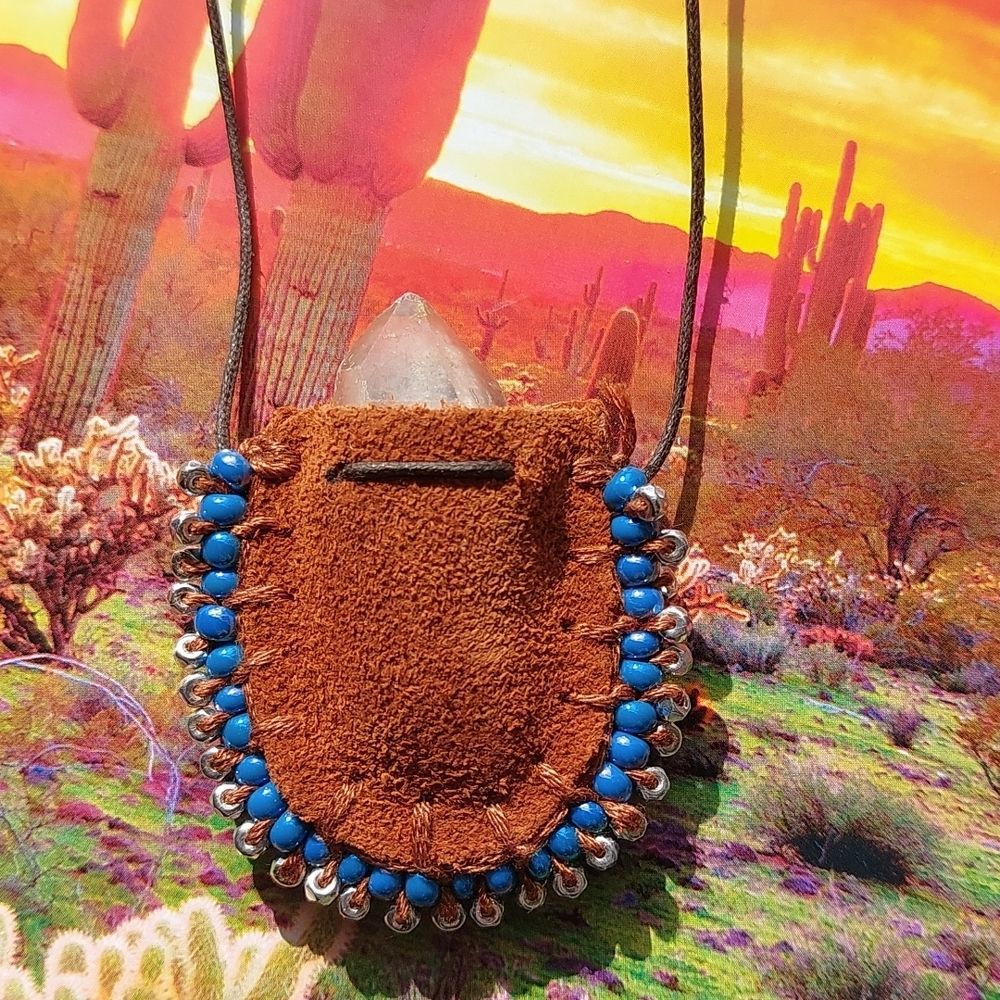 Leather Mini Mojo Bag Necklace by Rust Belt Raised Quartz Crystal Neckla…